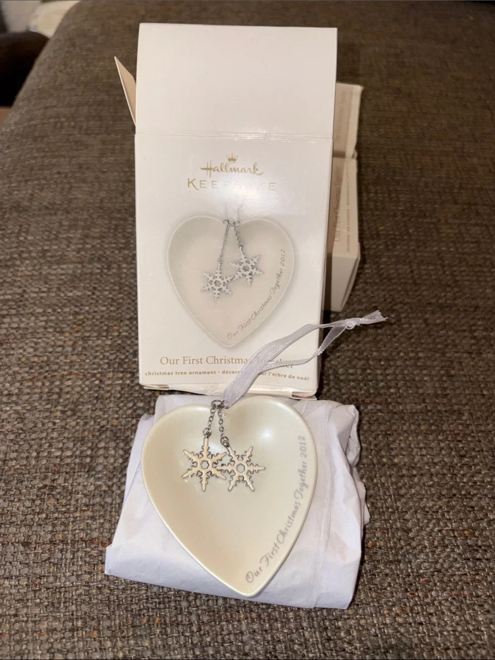 Retired 2012 Hallmark Ivory Porcelain Heart Ornament with Silver Snowflakes